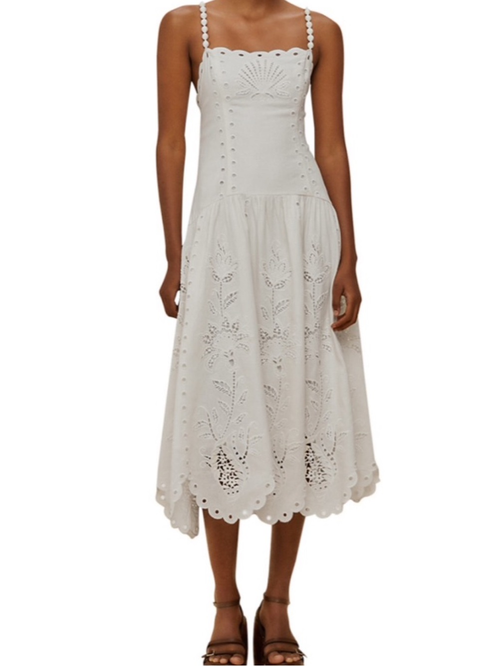 FARM Rio White Eyelet Drop Waist Midi Dress